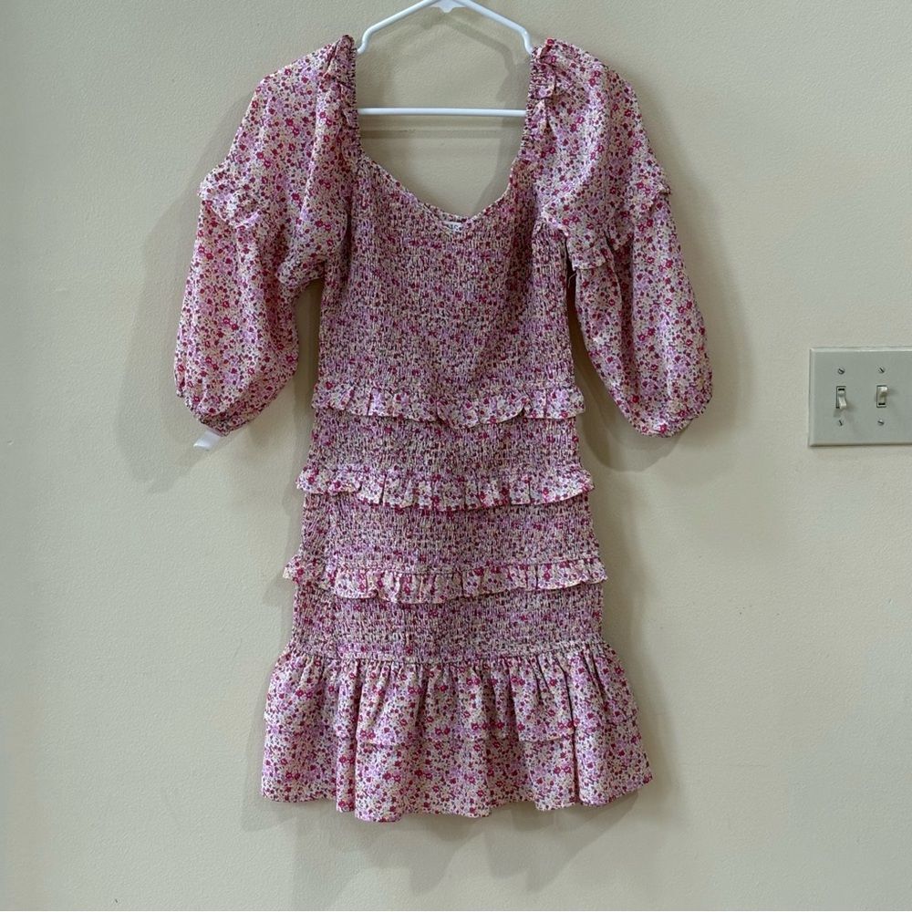 Stories Smocked Tiered Floral Mini Dress